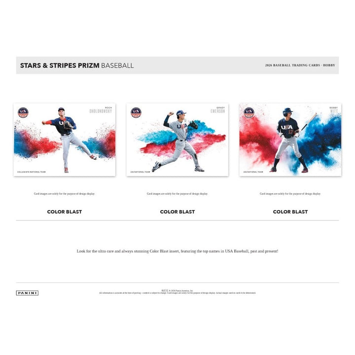 A marketing sheet promoting Color Blast Cards that can be found in 2026 Panini USA Stars and Stripes Baseball Boxes.