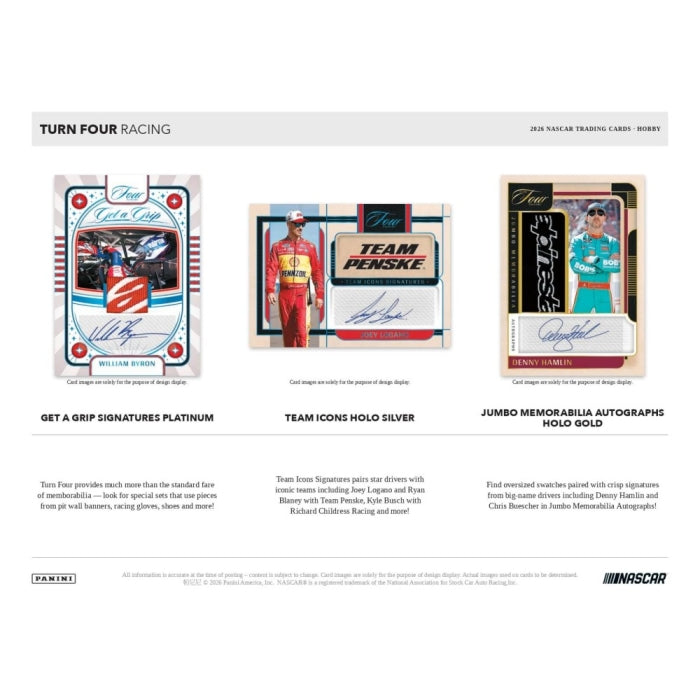 A promotional graphic for Panini's 2023 NASCAR trading card line Turn Four Racing, showing three sample collectible cards: a William Reard Platinum card, a Team Penske silver card with Jenson Hamilton's signature, and a Jumbo Memorabilia gold card with Chris Buescher's signature. The Panini and NASCAR logos are visible at the bottom.