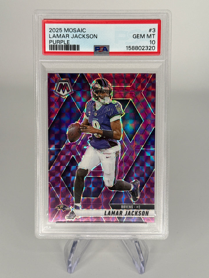 Lamar Jackson 2025 Panini Mosaic Purple Mosaic, 32/49, PSA 10 Gem Mint