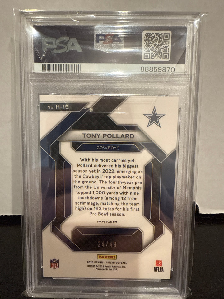 Tony Pollard 2023 Panini Prizm Emergent Purple Power, 24/49, PSA 10 Gem Mint