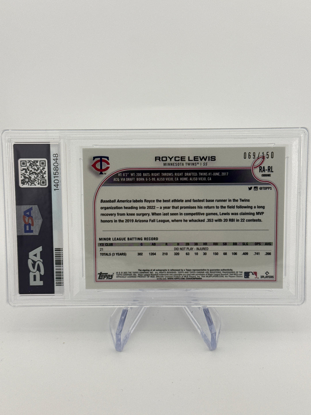 Royce Lewis 2022 Topps Chrome Blue Raywave Refractor Rookie Auto, 069/150, PSA 9 Mint
