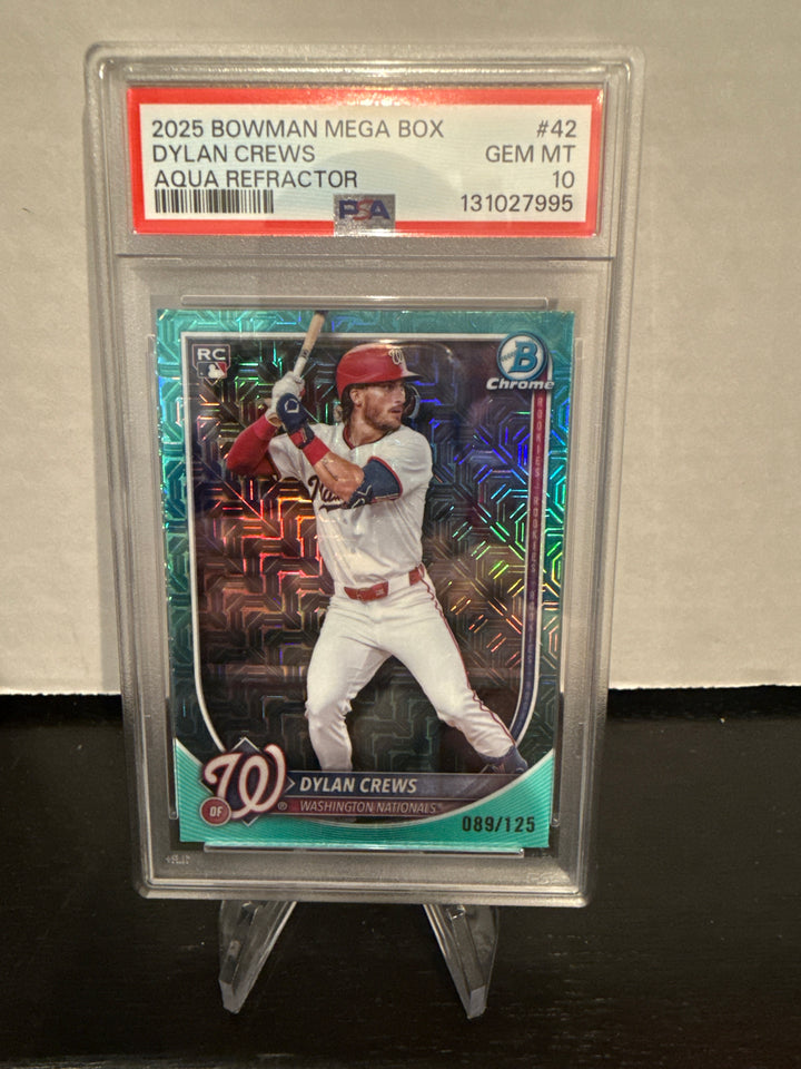 Dylan Crews 2025 Bowman Mega Box Aqua Refractor Rookie, 089/125, PSA 10 Gem Mint