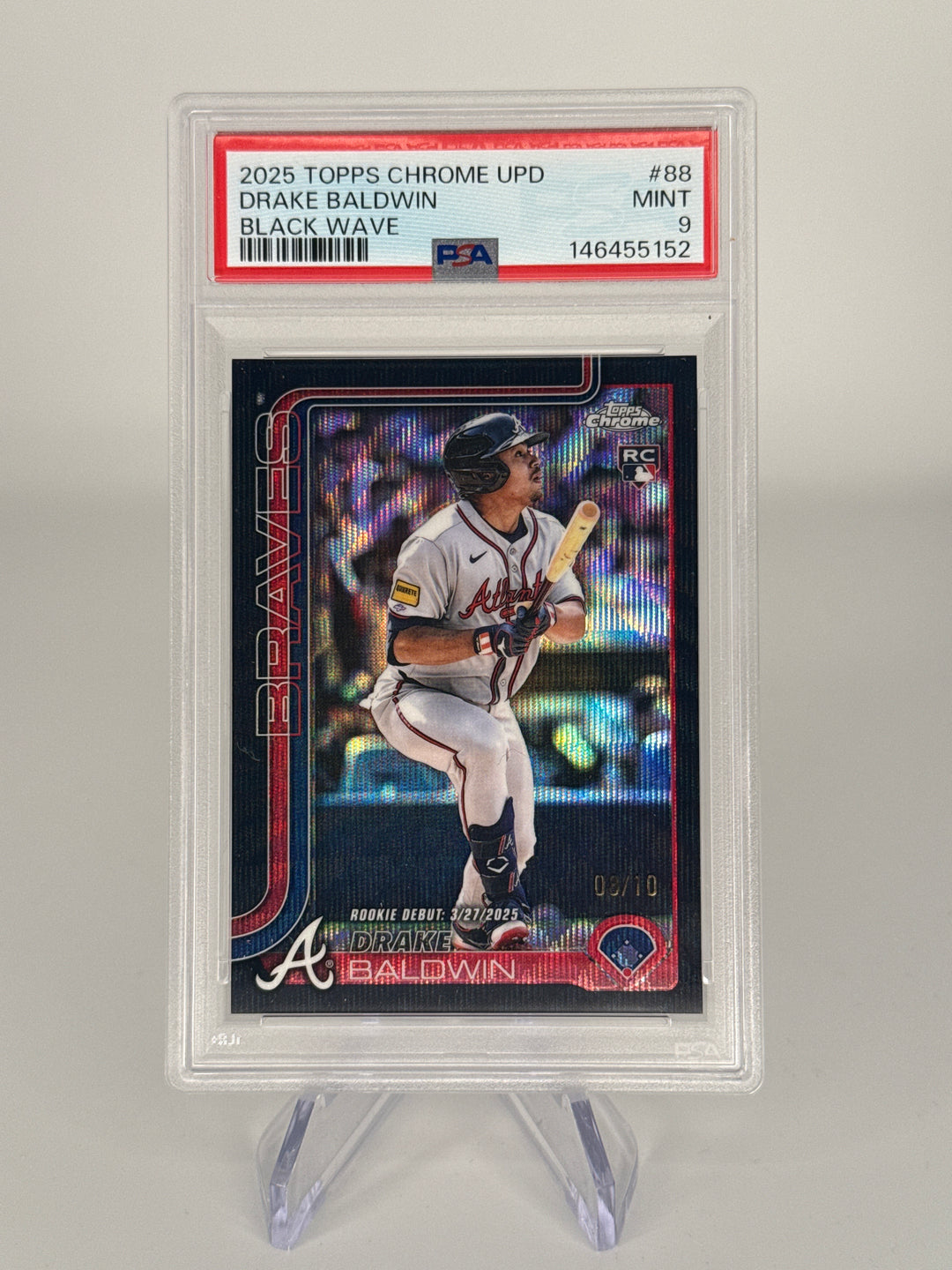 Drake Baldwin 2025 Topps Chrome Update Black Wave Rookie, 08/10, PSA 9 Mint