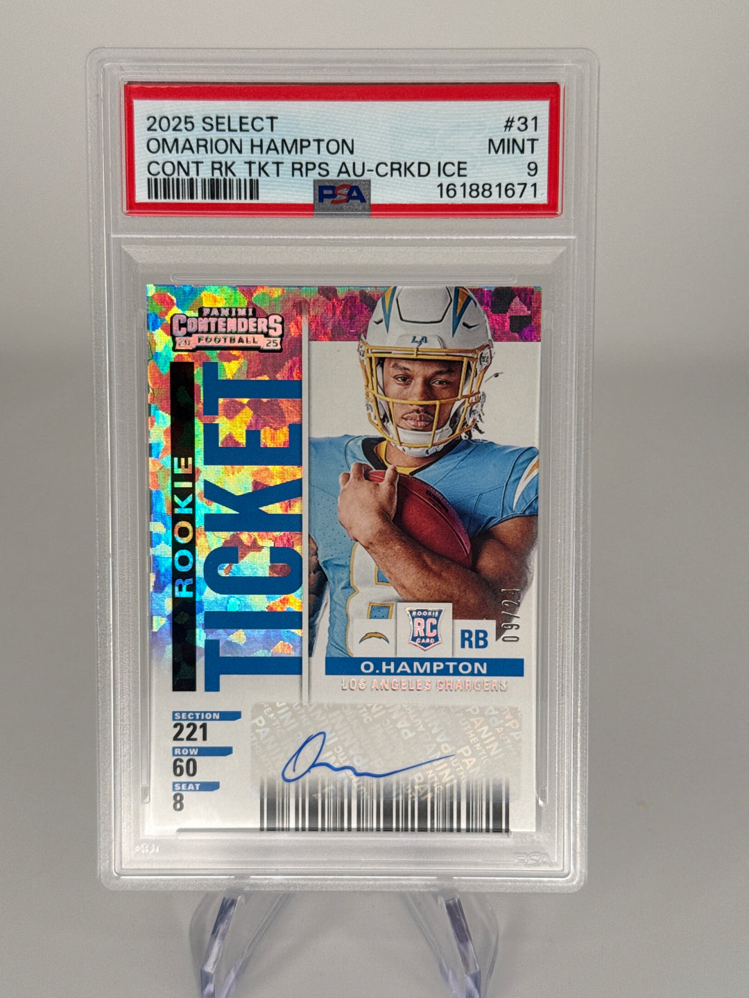 Omarion Hampton 2025 Panini Contenders Rookie Ticket Cracked Ice Auto, 09/24, PSA 9 Mint
