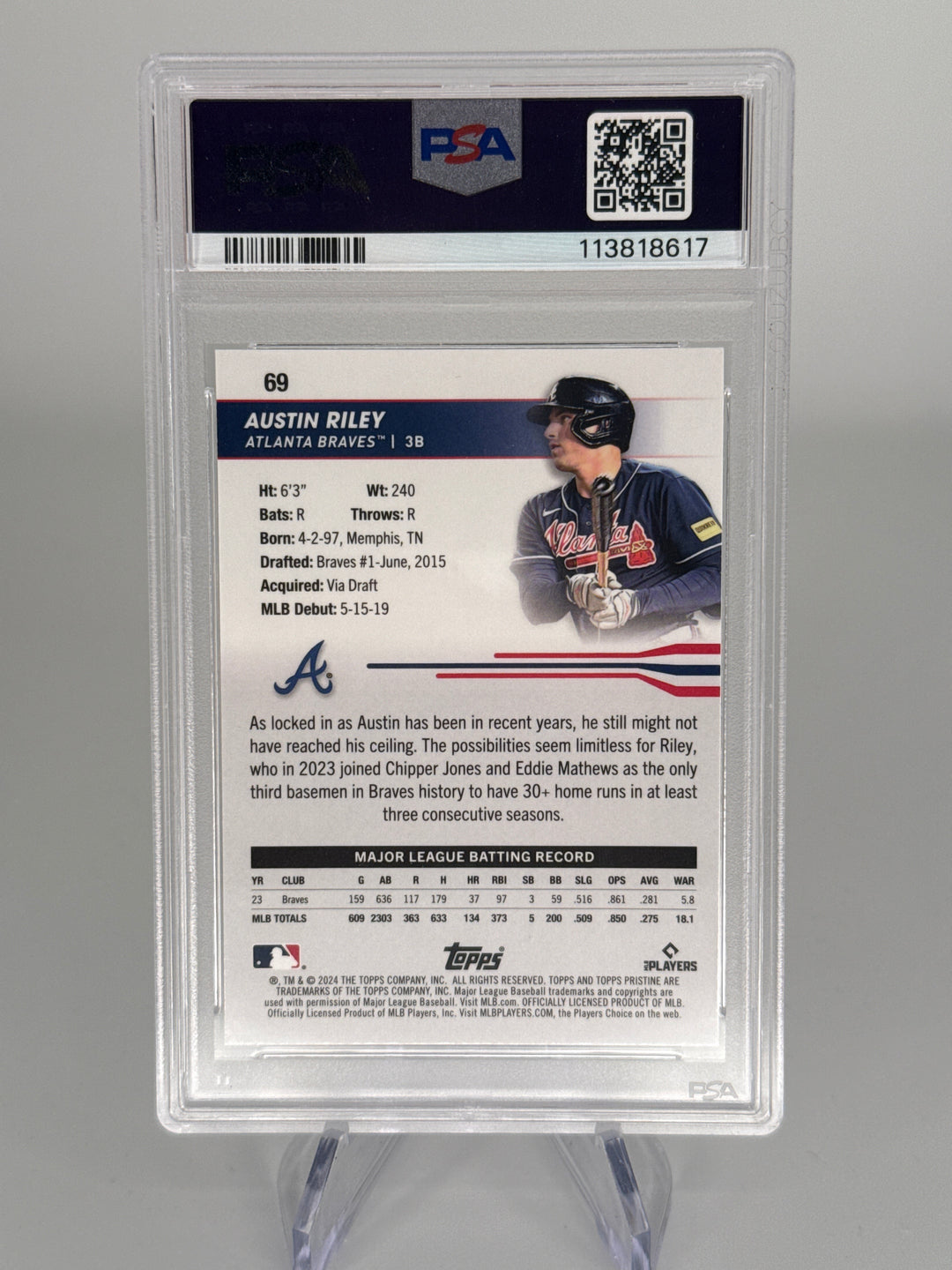Austin Riley 2024 Topps Pristine Gold Refractor, 28/50, PSA 10 Gem Mint