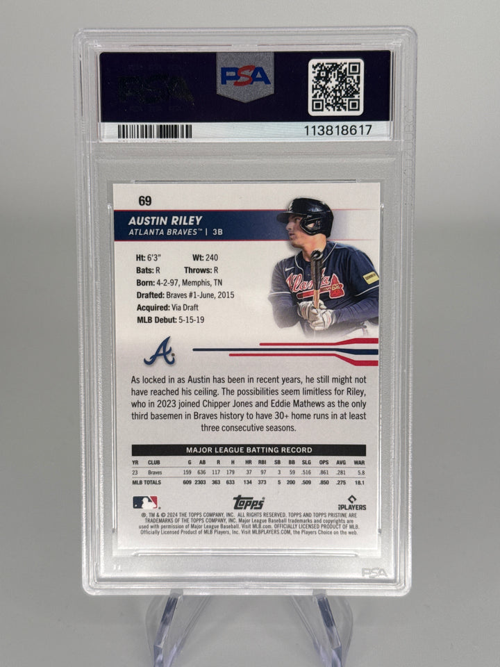 Austin Riley 2024 Topps Pristine Gold Refractor, 28/50, PSA 10 Gem Mint