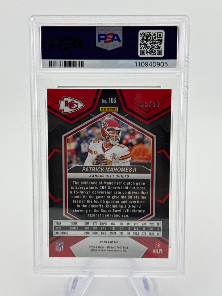 Patrick Mahomes 2024 Panini Mosaic Gold Mosaic, 03/10, PSA 9 Mint