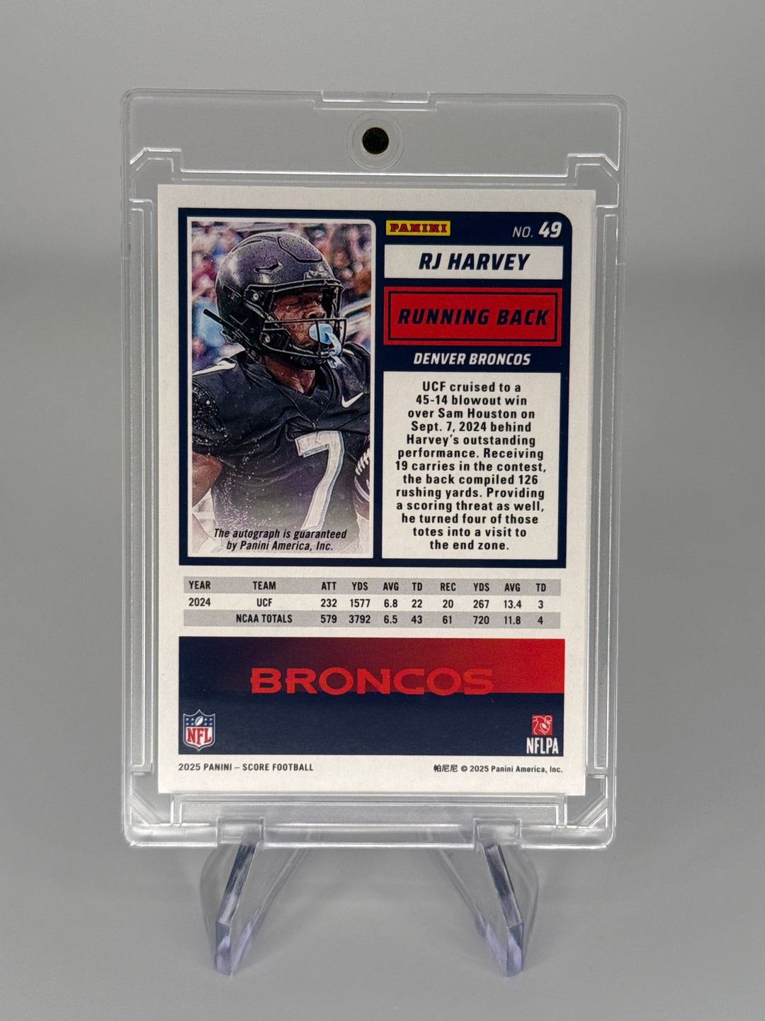 RJ Harvey 2025 Panini Score Blue Foil Rookie Auto, 03/35