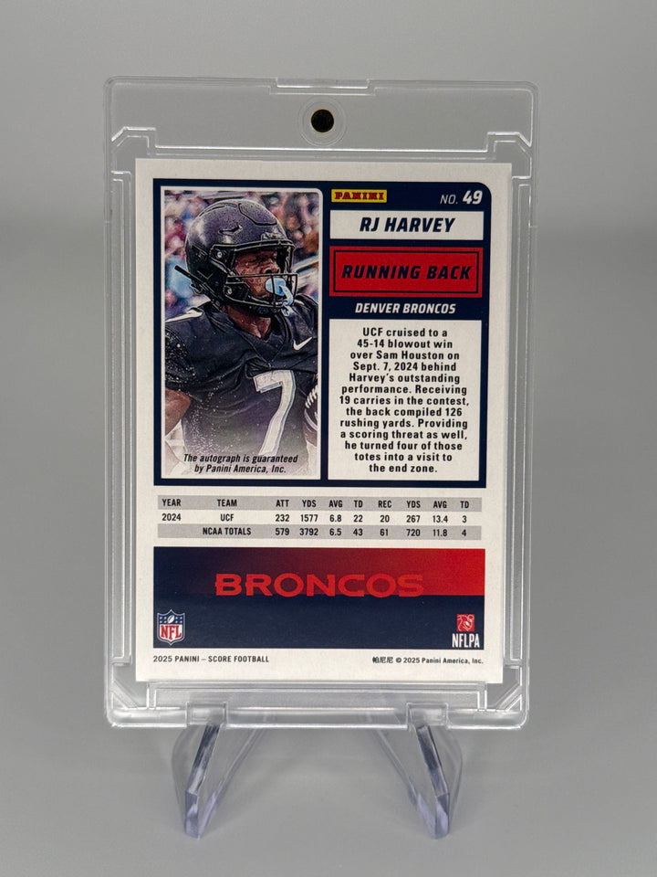 RJ Harvey 2025 Panini Score Blue Foil Rookie Auto, 03/35