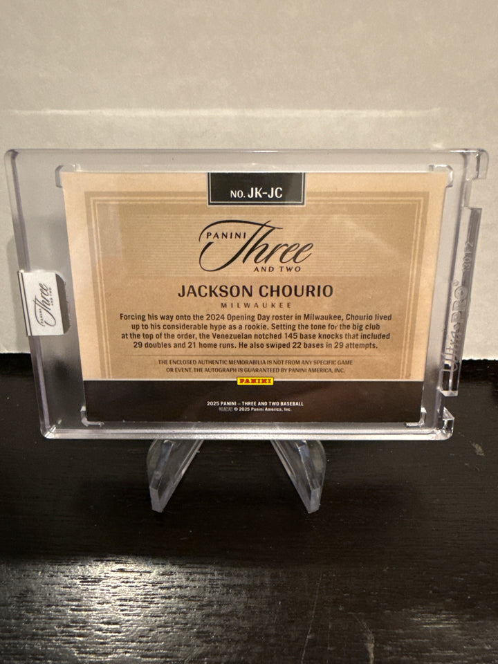 Jackson Chourio 2025 Panini Three & Two Patch Auto, 56/99