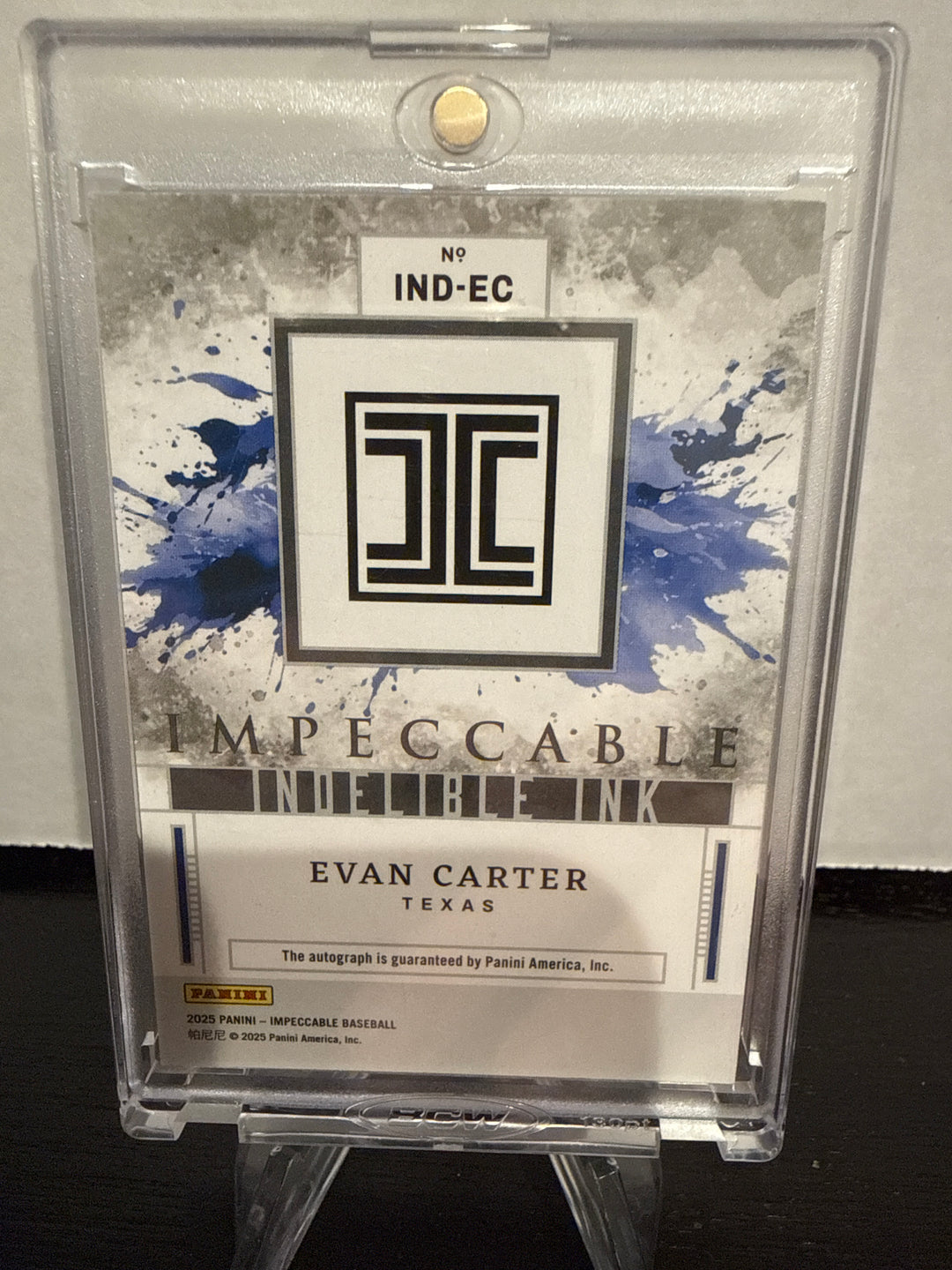 Evan Carter 2025 Panini Impeccable Indelible Ink Gold Auto, 09/10
