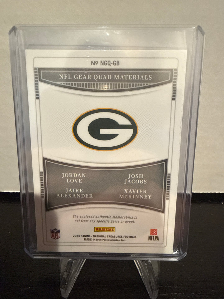 Jordan Love/Josh Jacobs/Jaire Alexander/Zavier McKinney 2024 Panini National Treasures Green Bay Packers Quad Team Relic, 04/99