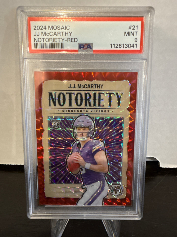 JJ McCarthy 2024 Panini Mosaic Notoriety Red Rookie, PSA 9 Mint
