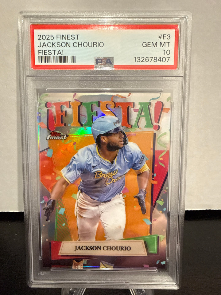 Jackson Chourio 2025 Topps Finest Fiesta SSP Case Hit, PSA 10 Gem Mint