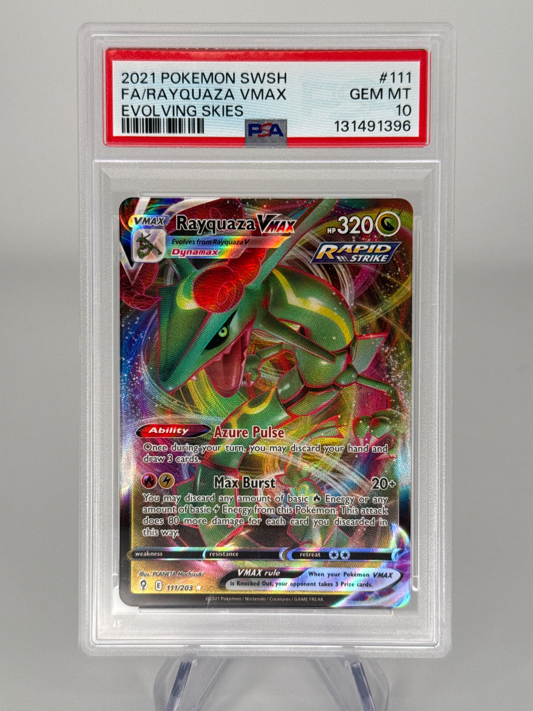 Pokemon TCG 2021 Rayquaza VMax Evolving Skies Ultra Rare Full Art Holo, 111/203, PSA 10 Gem Mint