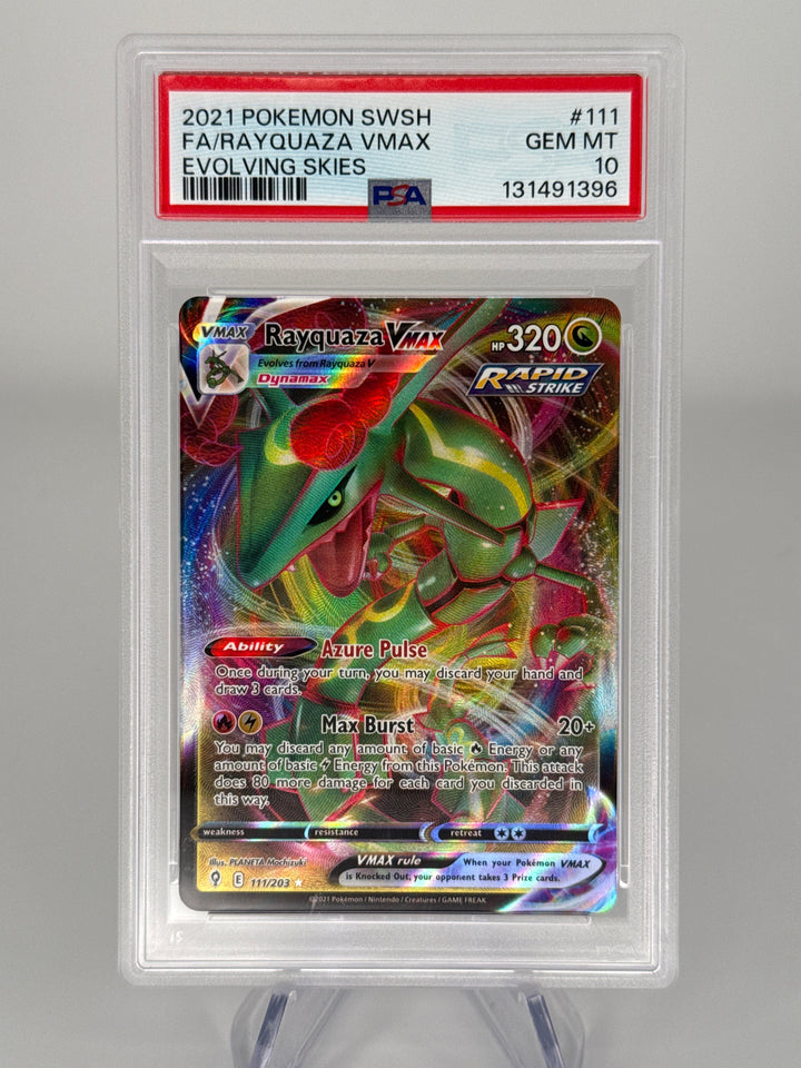 Pokemon TCG 2021 Rayquaza VMax Evolving Skies Ultra Rare Full Art Holo, 111/203, PSA 10 Gem Mint