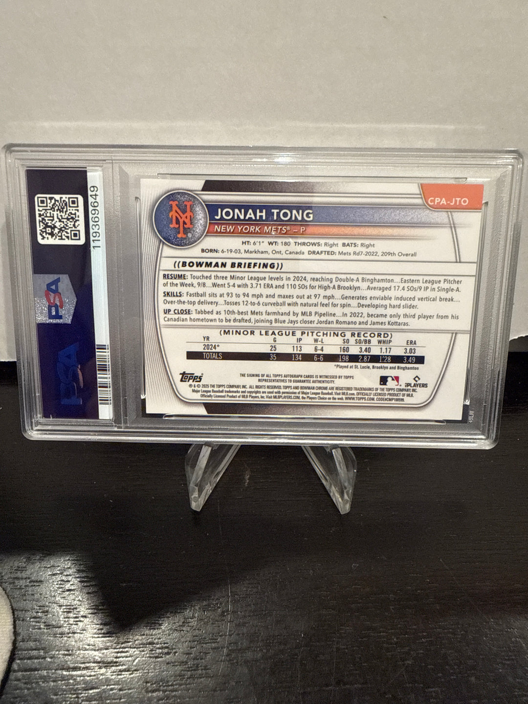 Jonah Tong 2025 Bowman Chrome Prospect Auto Green Shimmer, 07/99, PSA 10 Gem Mint