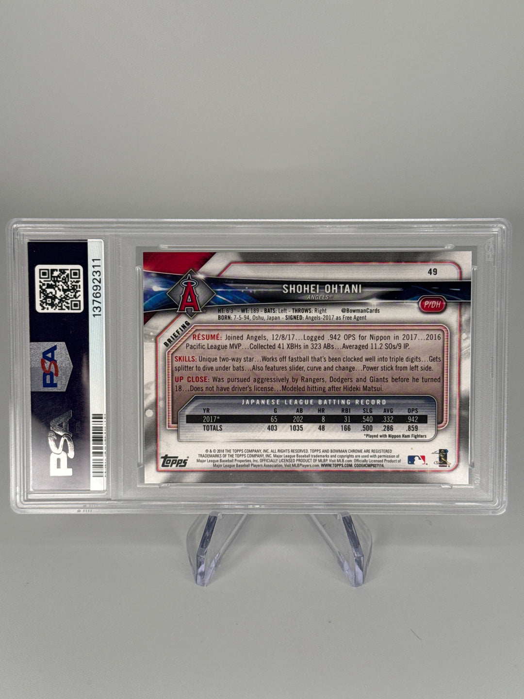 Shohei Ohtani 2018 Bowman Rookie Card, PSA 9 Mint