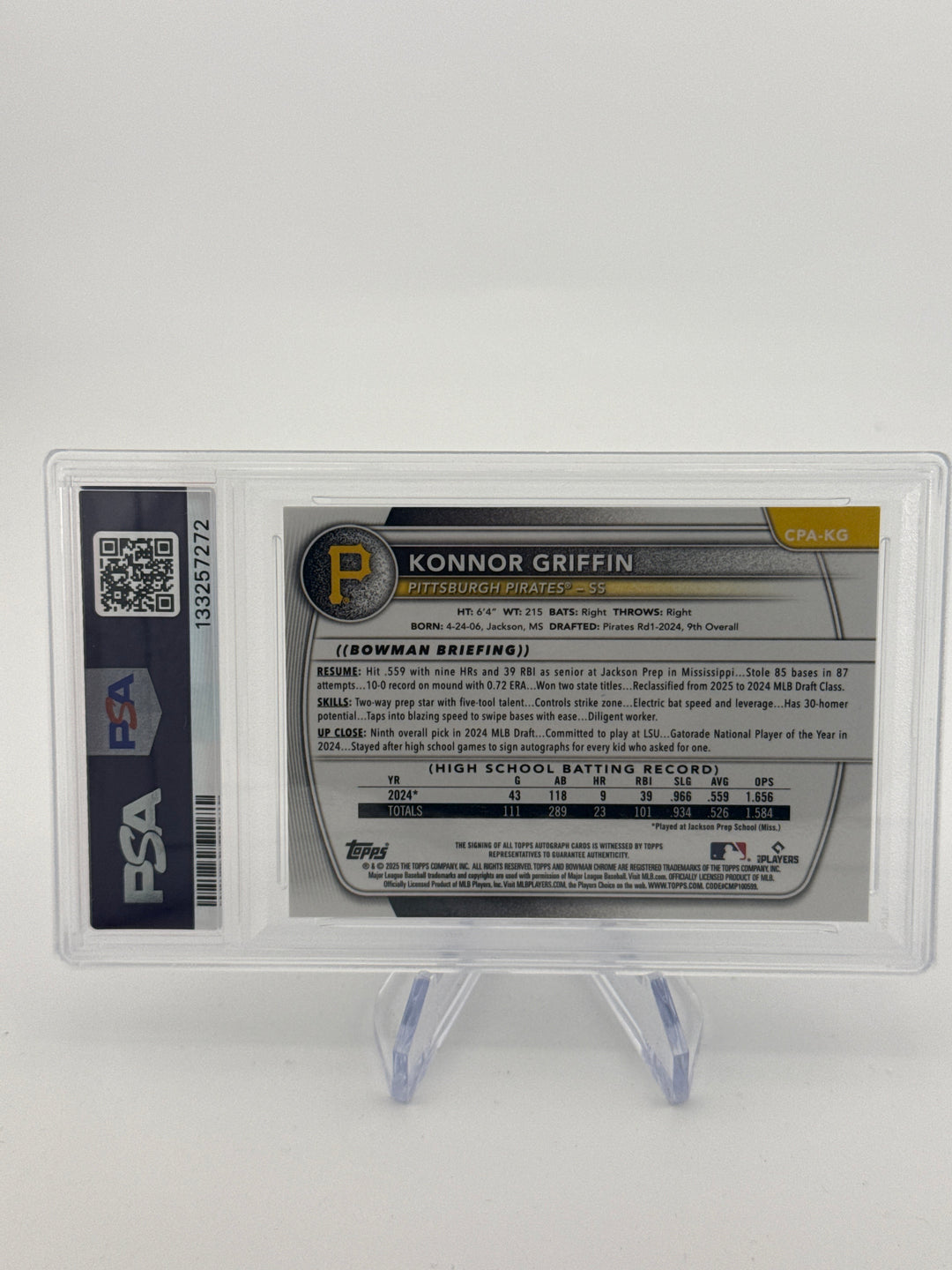 Konnor Griffin 2025 Bowman Chrome Purple Refractor Auto, 086/250, PSA 9 Mint
