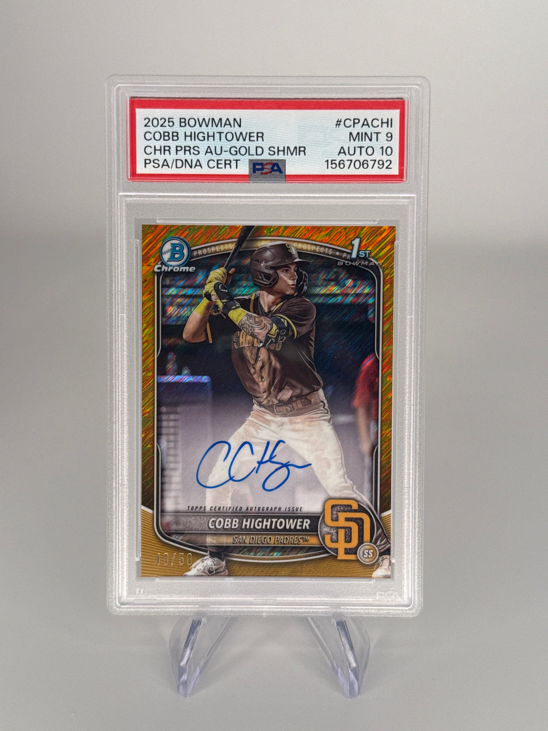 Cobb Hightower 2025 Bowman Chrome Gold Shimmer Refractor 1st Auto, 40/50, PSA 9 Mint, PSA 10 Auto