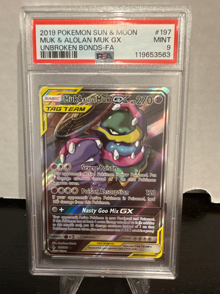 Pokemon TCG 2019 Muk & Alolan GX Unbroken Bonds Full Art Tag Team, 197/214, PSA 9 Mint
