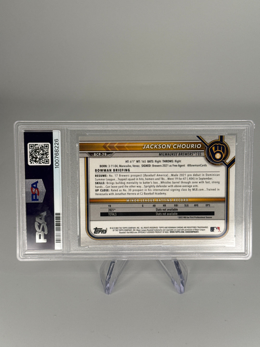 Jackson Chourio 2022 Bowman Chrome Mega Box 1st, PSA 10 Gem Mint