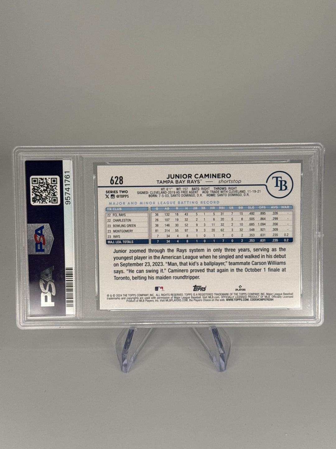 Junior Caminero 2024 Topps Series Two True Photo SSP Rookie, PSA 9 Mint