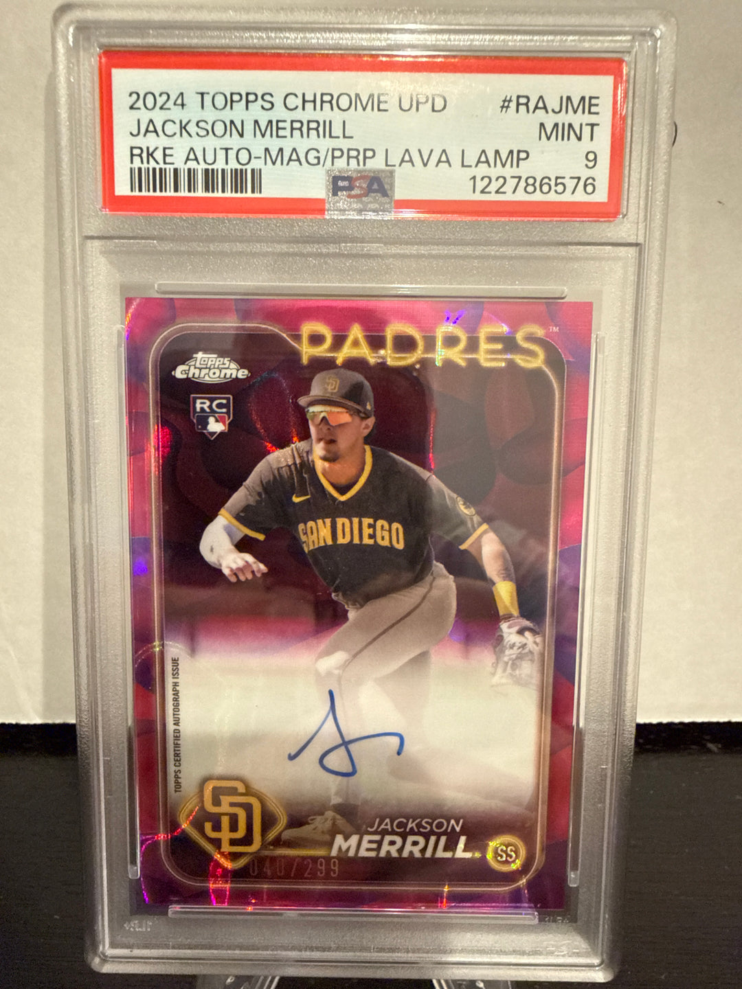 Jackson Merrill 2024 Topps Chrome Update Purple Lava Lamp Rookie Auto, 040/299, PSA 9 Mint