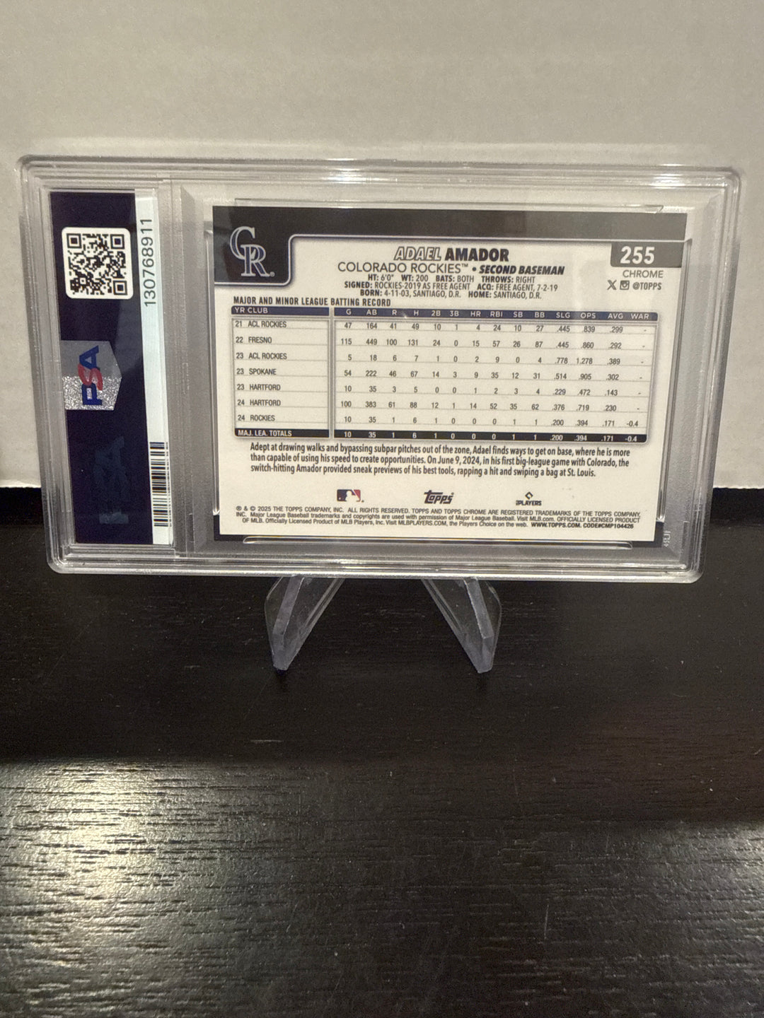 Adael Amador 2025 Topps Chrome Black Geometric Rookie, 07/10, PSA 9 Mint