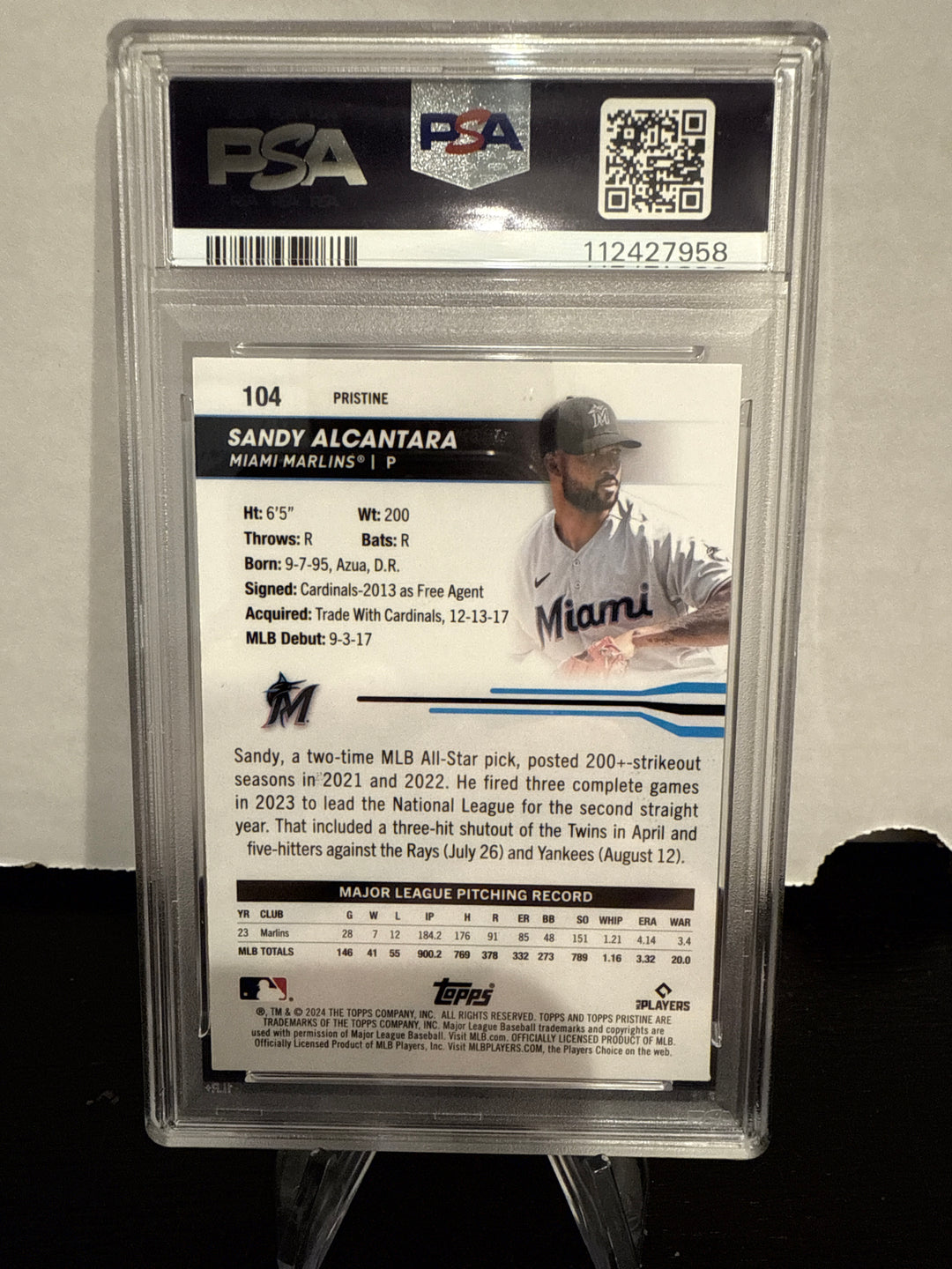 Sandy Alcantara 2024 Topps Pristine Gold Refractor, 45/50, PSA Authentic Auto