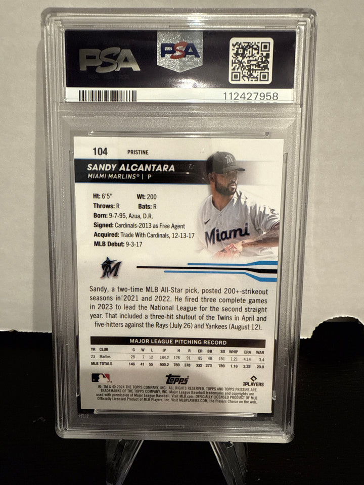 Sandy Alcantara 2024 Topps Pristine Gold Refractor, 45/50, PSA Authentic Auto