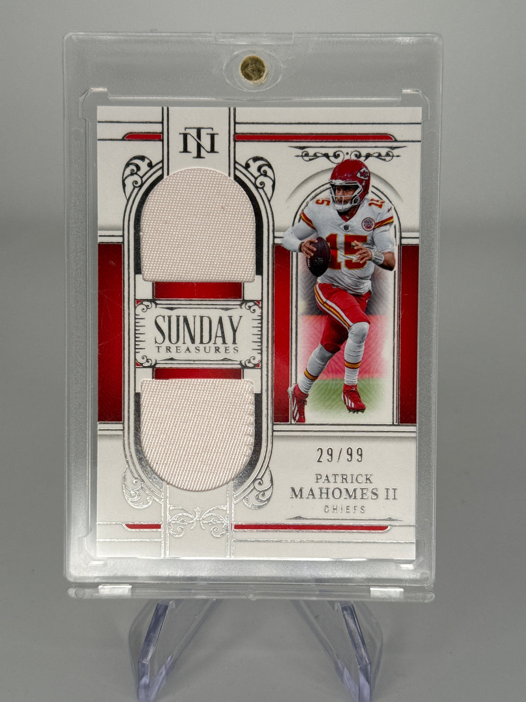 Patrick Mahomes 2025 Panini National Treasures Sunday Treasures Dual Relic, 29/99