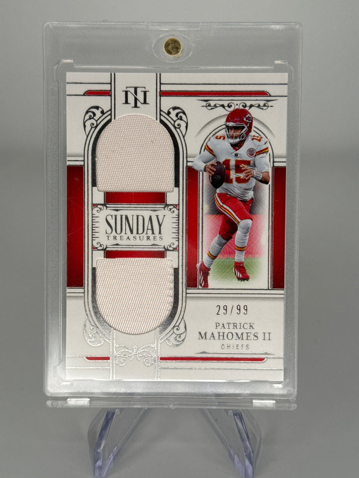 Patrick Mahomes 2025 Panini National Treasures Sunday Treasures Dual Relic, 29/99