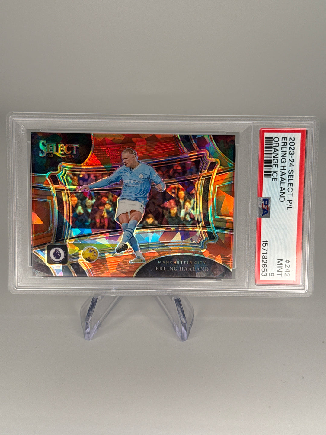 Erling Haaland 2023-2024 Panini Select Premier League Orange Ice, 081/145, PSA 9 Mint