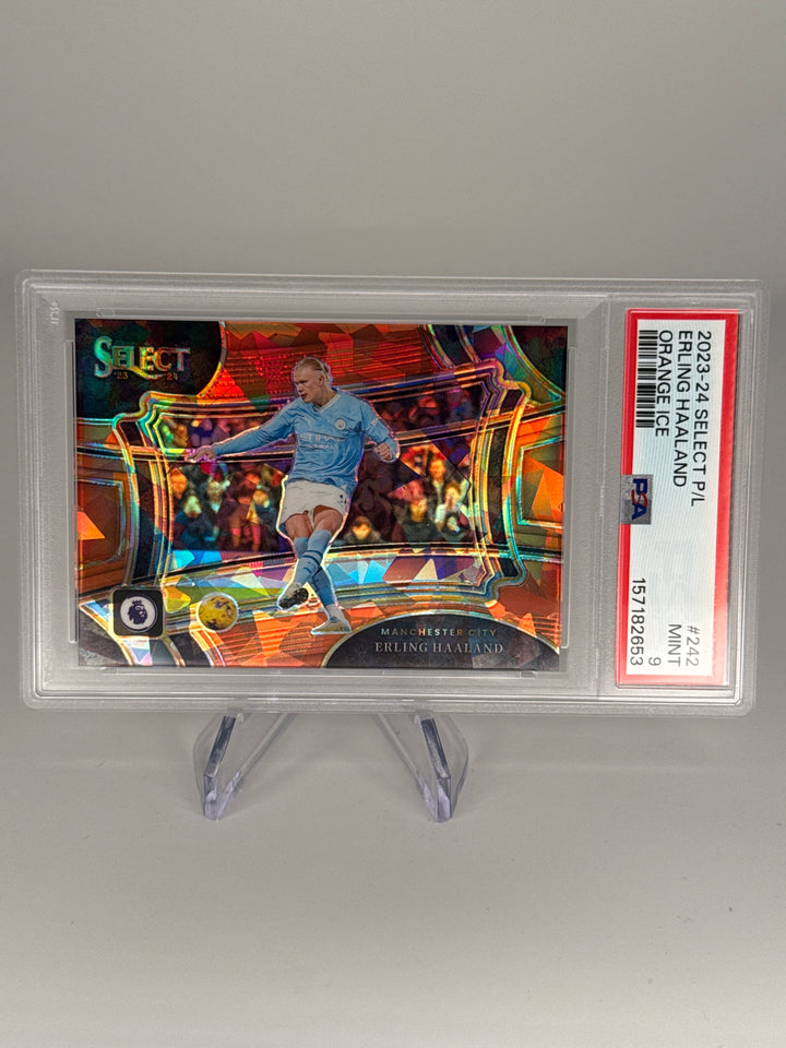 Erling Haaland 2023-2024 Panini Select Premier League Orange Ice, 081/145, PSA 9 Mint