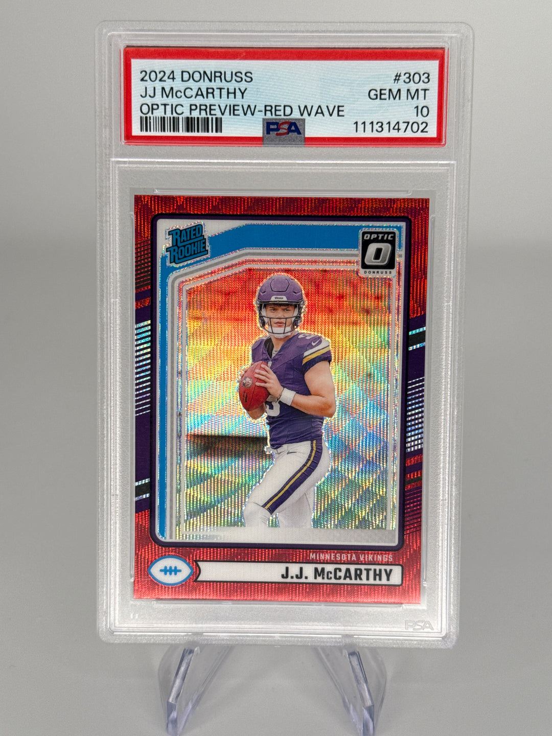 J.J. McCarthy 2024 Panini Donruss Optic Preview Red Wave Rated Rookie, PSA 10 Gem Mint
