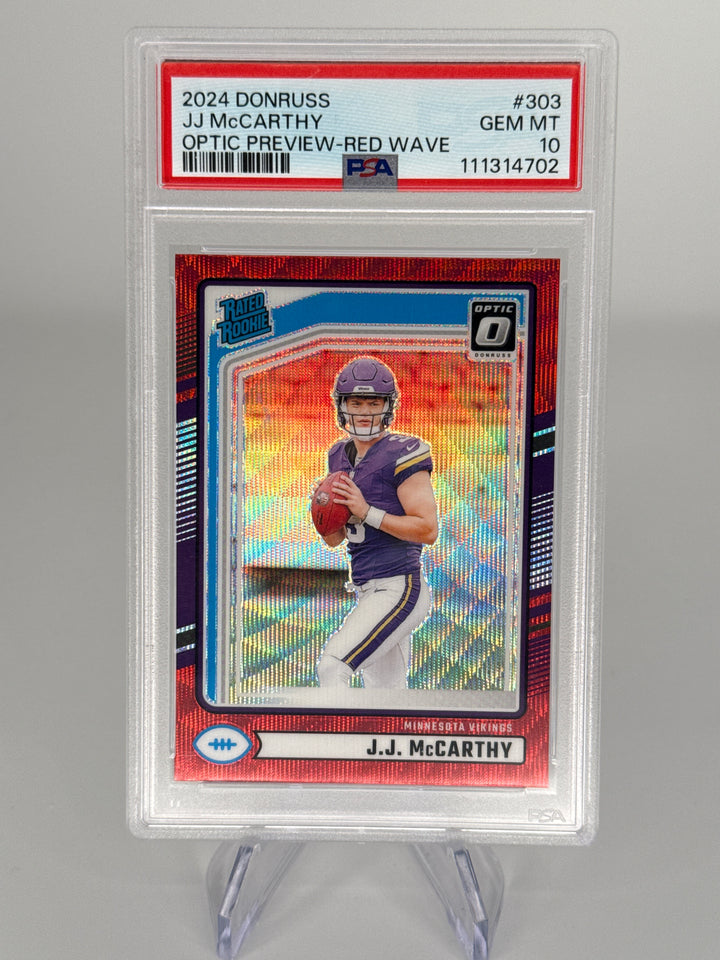 J.J. McCarthy 2024 Panini Donruss Optic Preview Red Wave Rated Rookie, PSA 10 Gem Mint