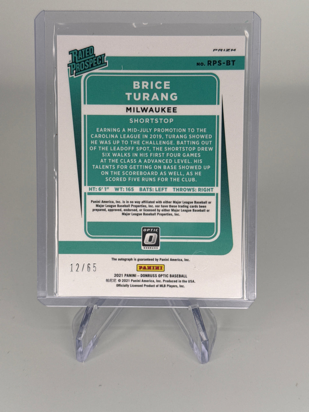 Brice Turang 2021 Panini Donruss Optic Rated Prospect Green Mojo Auto, 12/65