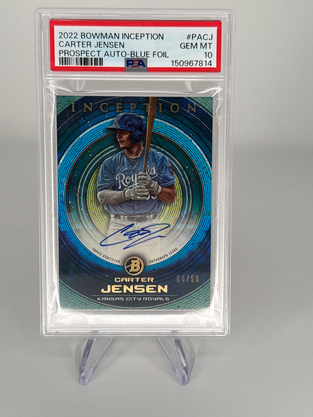 Carter Jensen 2022 Bowman Inception Blue Foil Prospect Auto, 84/99, PSA 10 Gem Mint