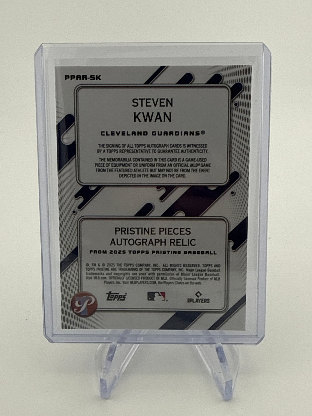 Steven Kwan 2025 Topps Pristine Auto Relic Blue, 58/75