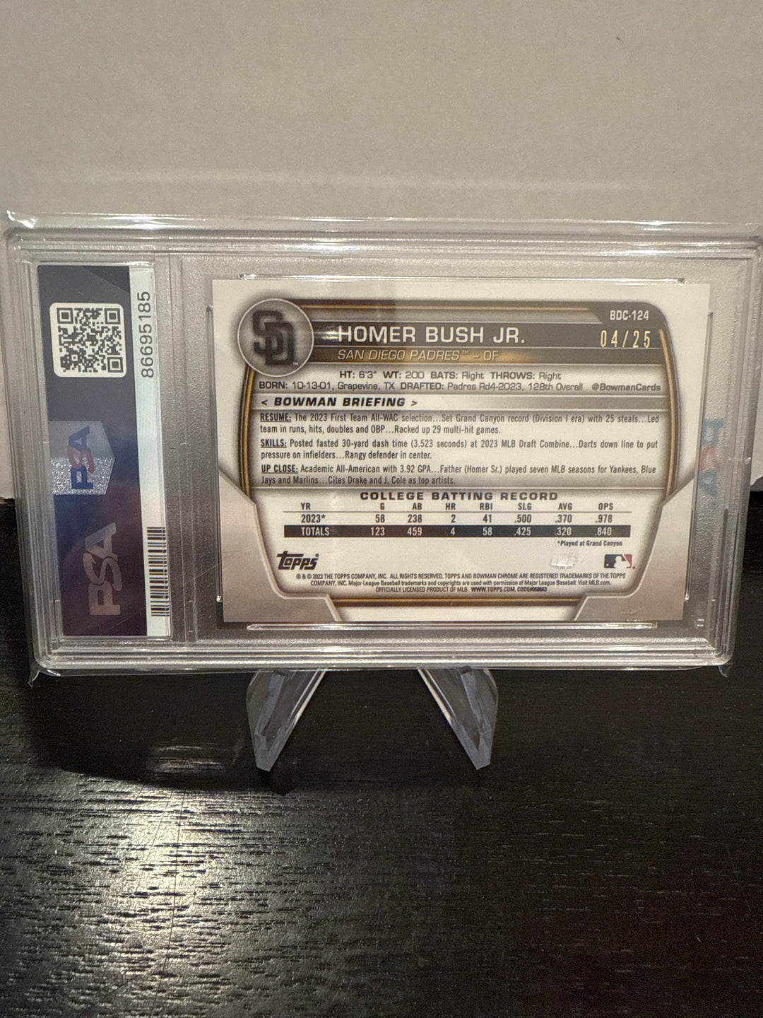 Homer Bush Jr. 2023 Bowman Chrome Sapphire 1st, Orange, 04/25, PSA 10 Gem Mint