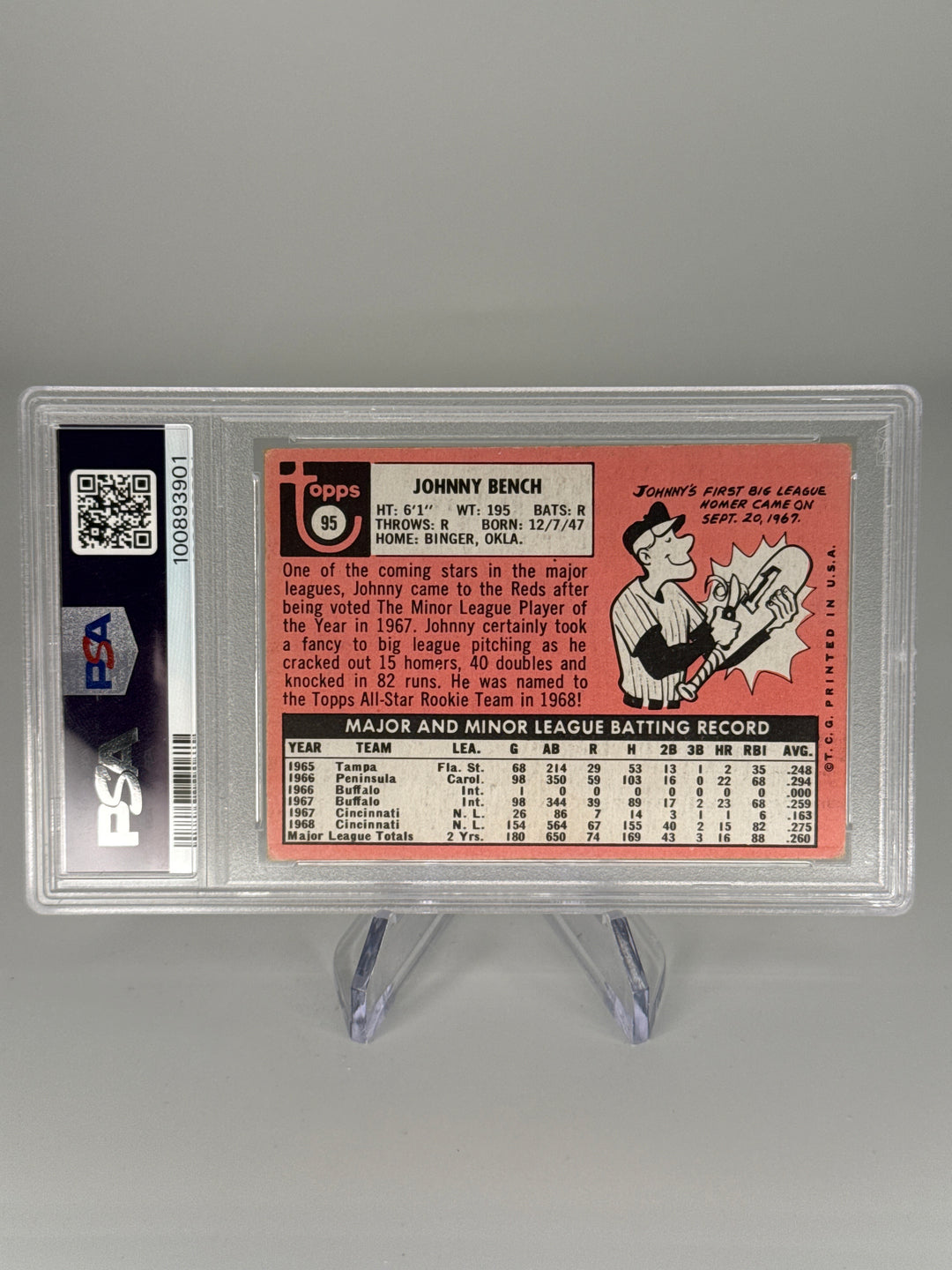 Johnny Bench 1969 Topps All-Star Rookie, PSA Authentic Auto