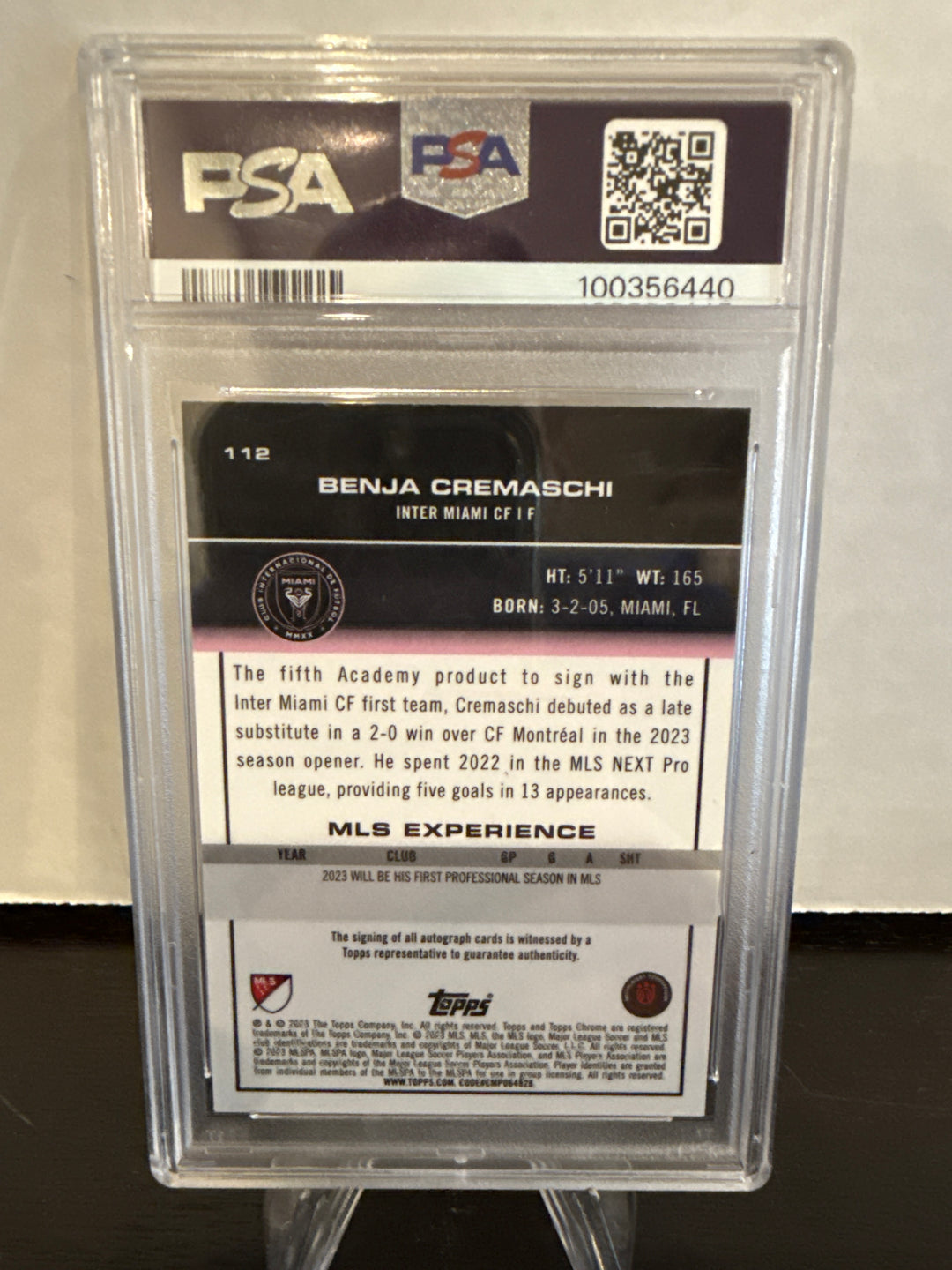 Benja Cremaschi 2023 Topps Chrome MLS Rookie Auto Gold Refractor, 48/50, PSA 9 Mint