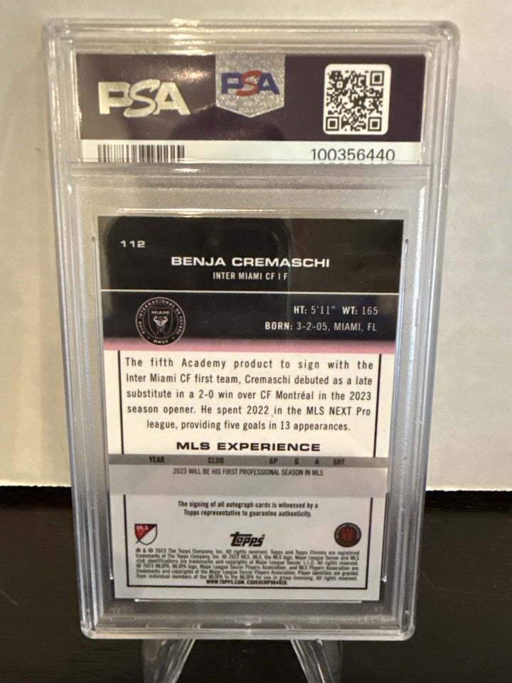 Benja Cremaschi 2023 Topps Chrome MLS Rookie Auto Gold Refractor, 48/50, PSA 9 Mint