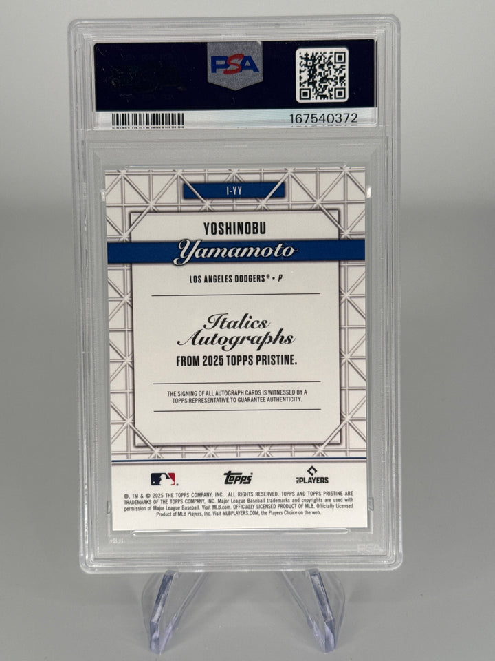 Yoshinobu Yamamoto 2025 Topps Pristine Italics Auto Gold Refractor, 28/50, PSA 9 Mint