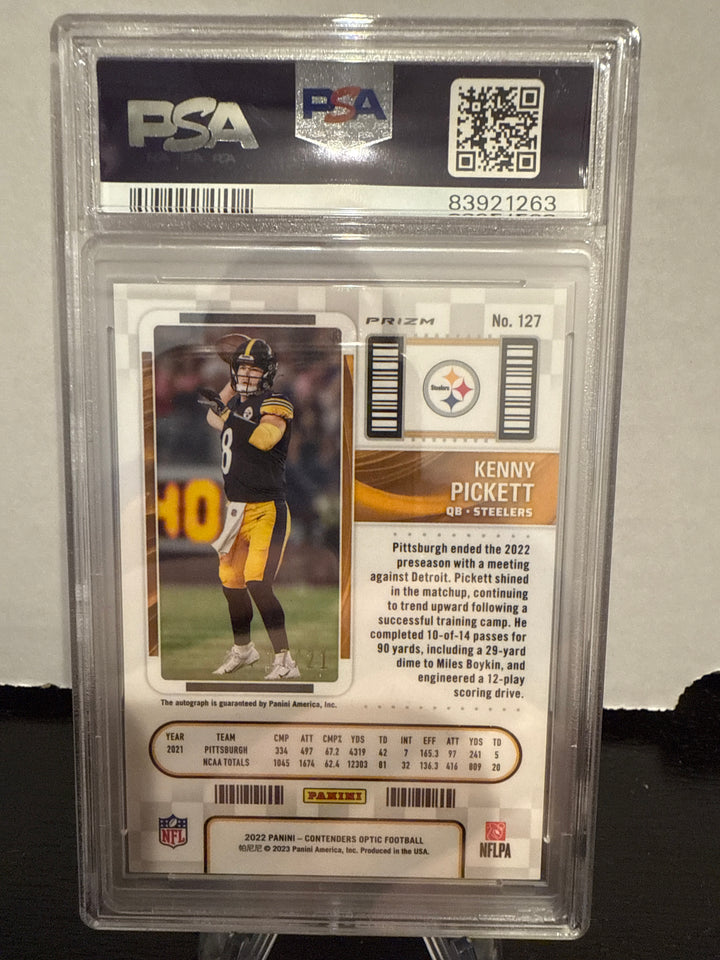 Kenny Pickett 2022 Panini Contenders Optic Purple Pulsar Rookie Auto, 17/21, PSA 9 Mint