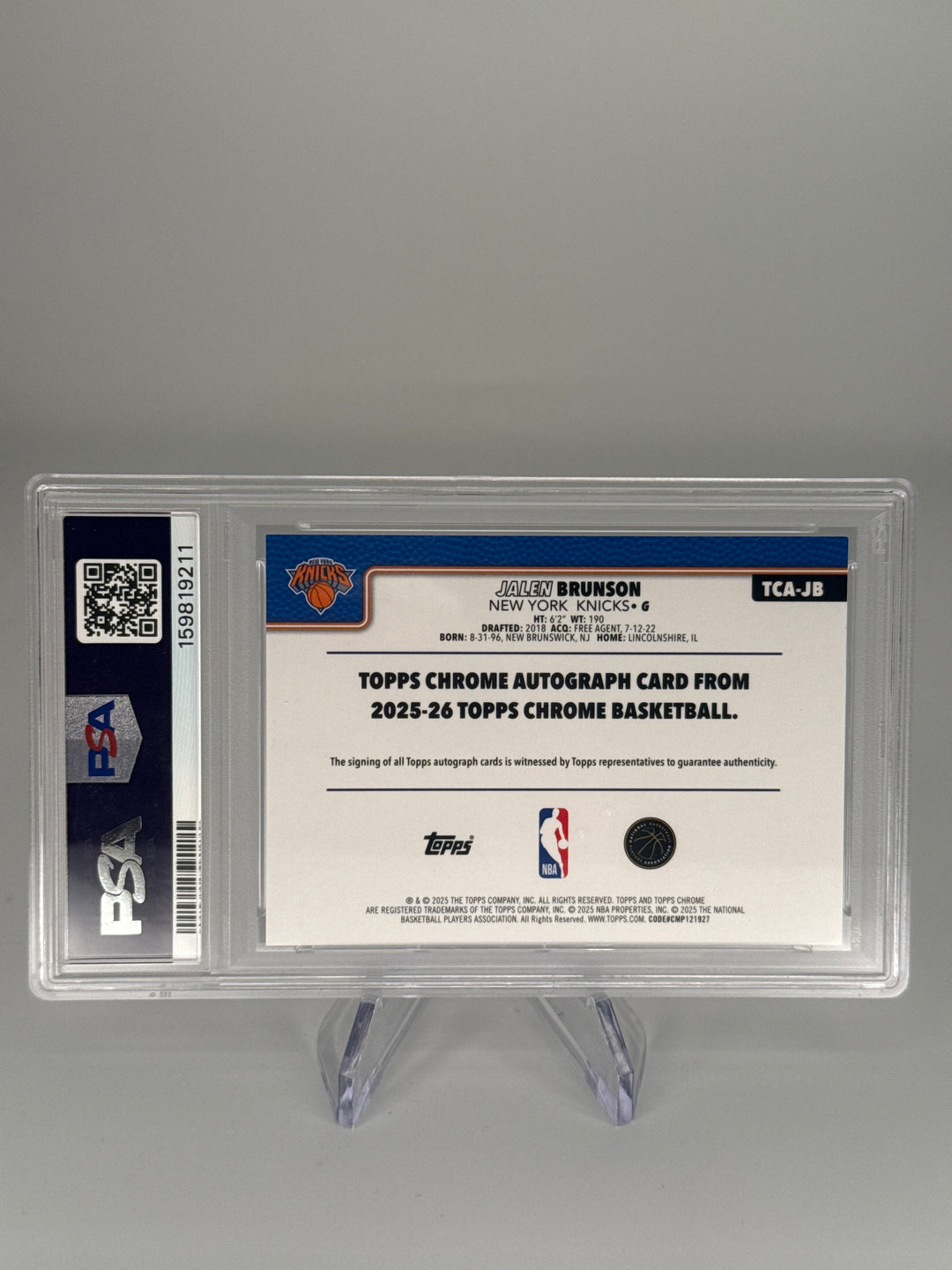 Jalen Brunson 2025 Topps Chrome Gold Geometric Auto, 43/50, PSA 9 Mint