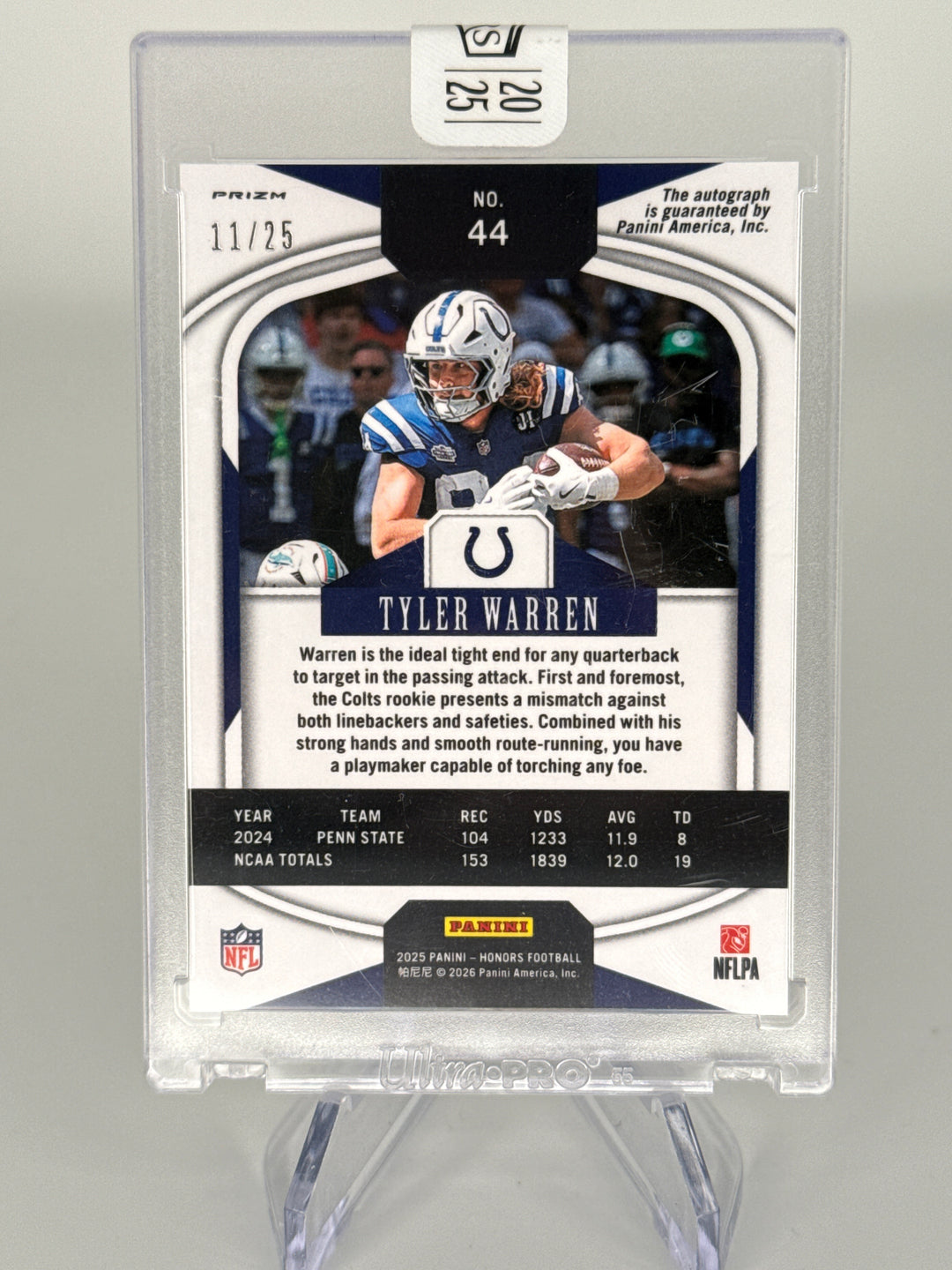 Tyler Warren 2025 Panini Honors Purple Ice Rookie Auto, 11/25