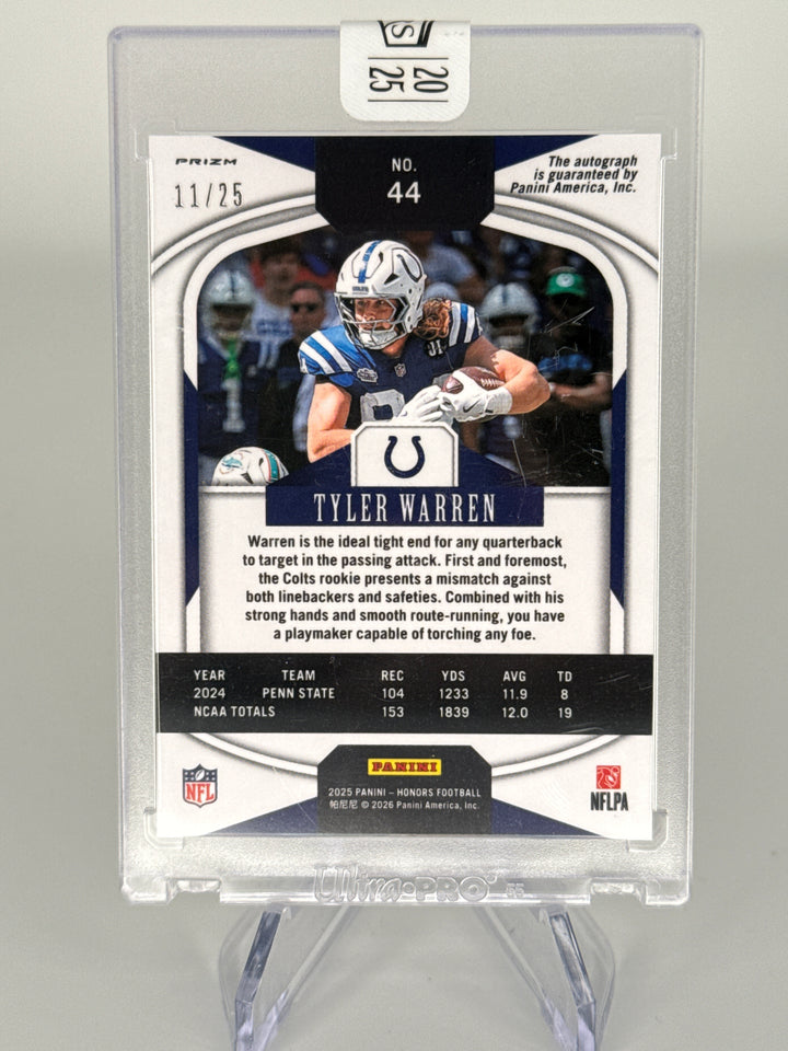 Tyler Warren 2025 Panini Honors Purple Ice Rookie Auto, 11/25