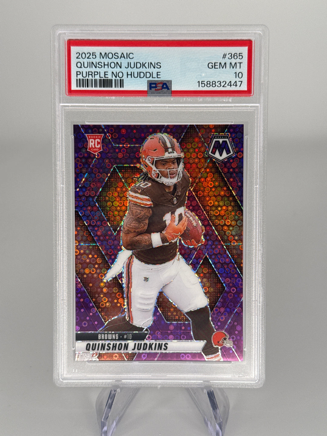 Quinshon Judkins 2025 Panini Mosaic Purple No Huddle Rookie, 19/50, PSA 10 Gem Mint